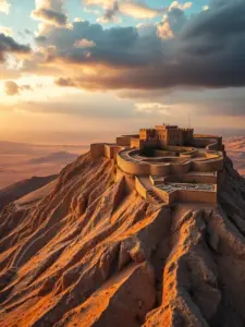 An awe-inspiring image of Masada, with the ancient fortress perched atop a rugged mountain, symbolizing the historical significance and breathtaking views.