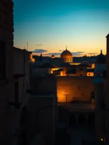 A vibrant image of the Old City of Jerusalem at sunset, showcasing the Western Wall and the Dome of the Rock, capturing the historical and spiritual essence of the city.