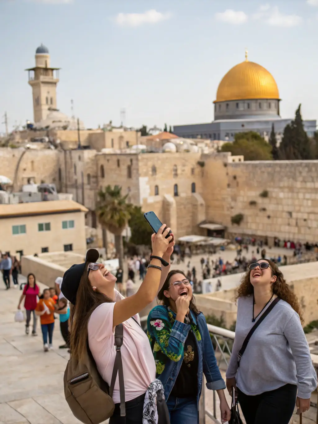 A private tour guide leading a small group through the ancient streets of Jerusalem, with luxurious vehicles parked nearby.