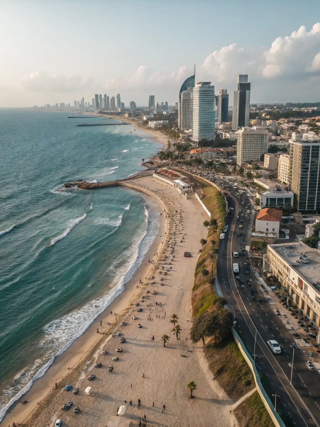 A picturesque scene of Tel Aviv's beachfront, with modern buildings in the background and people enjoying the Mediterranean Sea, reflecting the city's vibrant atmosphere.
